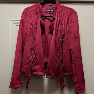 Black rivet velvet fringe jacket.